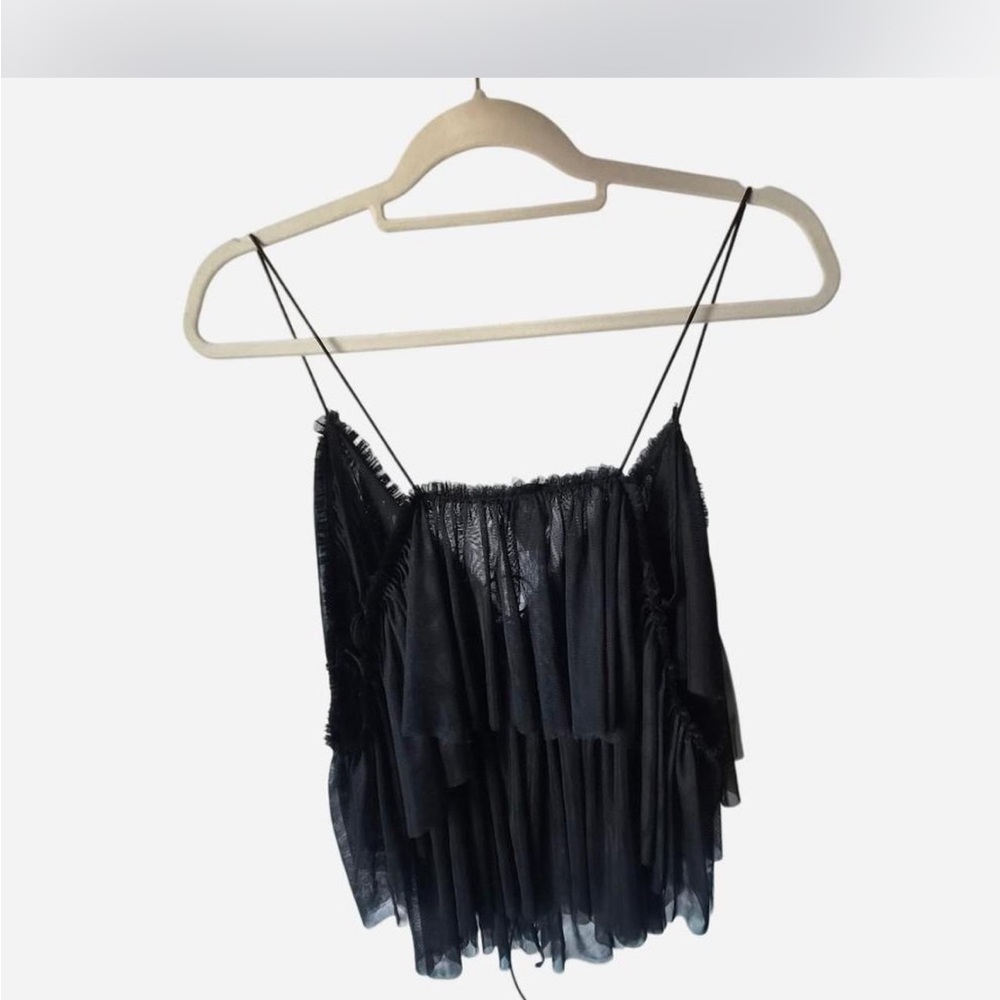 Black Off-Shoulder Ruffle Crop Top with Spaghetti Straps - Picture 2 of 3